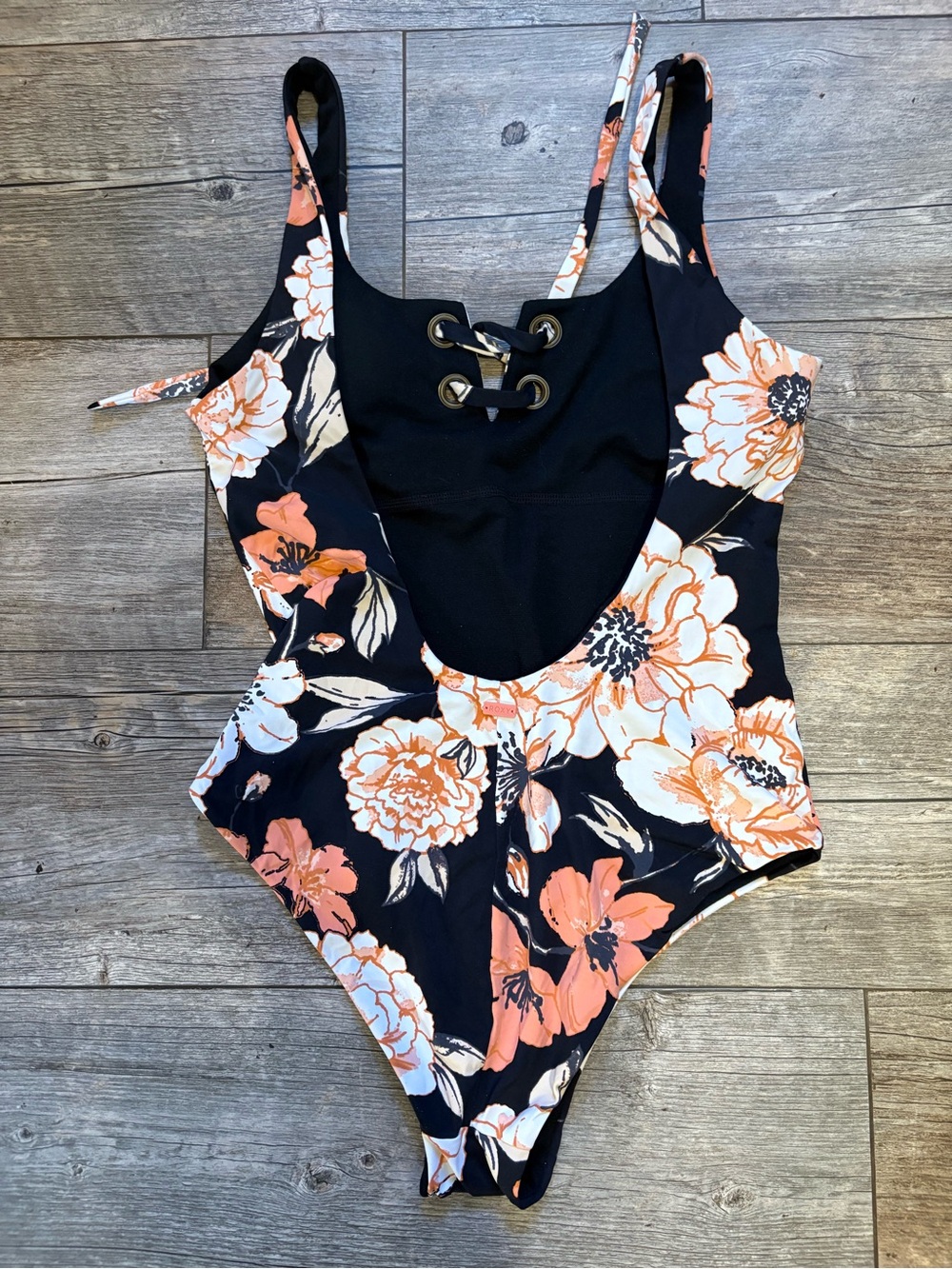 Roxy Black One-Piece Swimsuit with White & Coral Floral Print